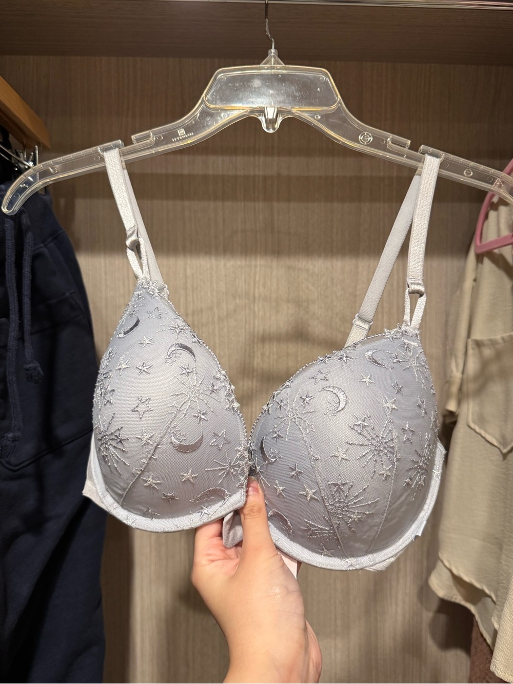 Victoria’s Secret Embroidered Moon & Star Light Gray Push-Up Bra